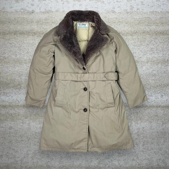 Vintage LL Bean Down Mainer Puffer Jacket Tan Trench Coat Insulated 90s - Picture 1 of 3